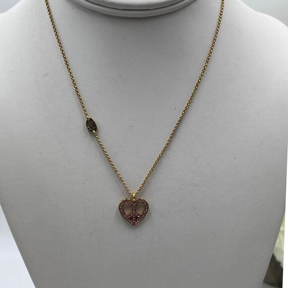 Juicy Couture Signed Pink Pave Crystal Peace Heart Pendant Necklace - Picture 2 of 8